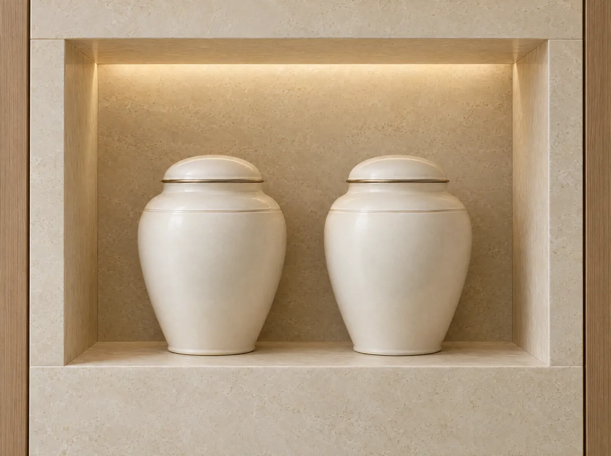 Render ilustrativo de un nicho para cenizas con dos urnas color marfil una junto a la otra, piedra beige e iluminación cálida.